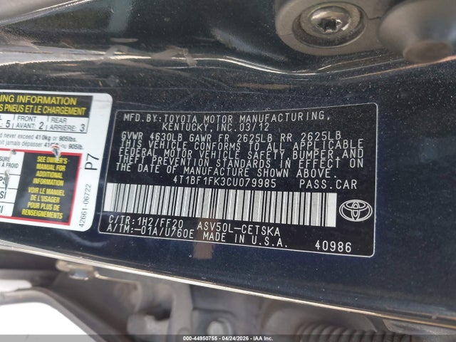 44950755 :رقم المزاد ، 4T1BF1FK3CU079985 vin ، 2012 Toyota Camry Se مزاد بيع