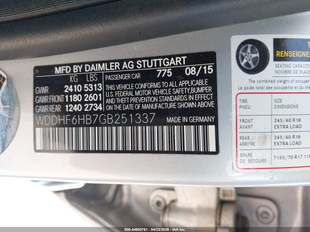 Aukcja sprzedaży 2016 Mercedes-benz E 400 4matic, vin: WDDHF6HB7GB251337, numer aukcji: 44950761