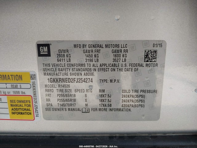 Продажа на аукционе авто 2015 Gmc Acadia Sle-1, vin: 1GKKRNED2FJ254274, номер лота: 44950766