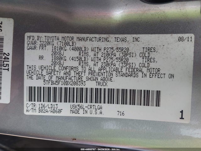 44950767 :رقم المزاد ، 5TFBW5F10BX208393 vin ، 2011 Toyota Tundra Limited 5.7l V8 مزاد بيع