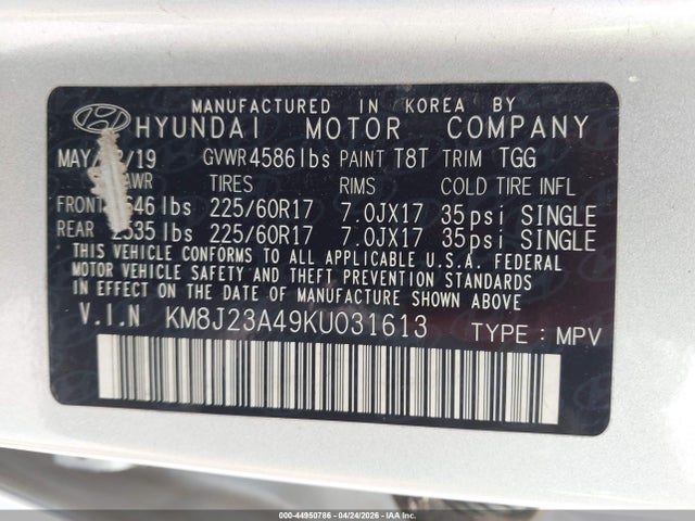 Aukcja sprzedaży 2019 Hyundai Tucson Se, vin: KM8J23A49KU031613, numer aukcji: 44950786