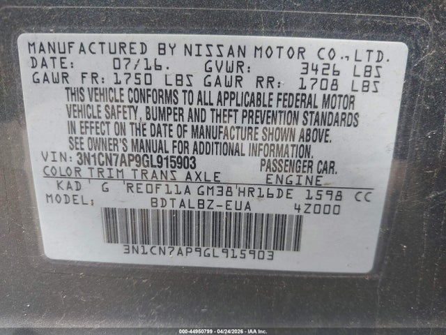 Aukcja sprzedaży 2016 Nissan Versa 1.6 Sv, vin: 3N1CN7AP9GL915903, numer aukcji: 44950799