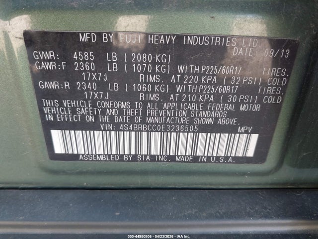 Aukcja sprzedaży 2014 Subaru Outback 2.5i Premium, vin: 4S4BRBCC0E3236505, numer aukcji: 44950806