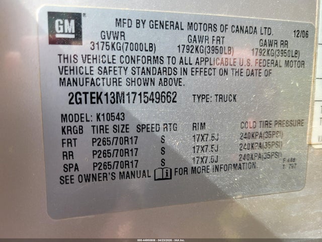 44950808 :رقم المزاد ، 2GTEK13M171549662 vin ، 2007 Gmc Sierra 1500 Slt مزاد بيع