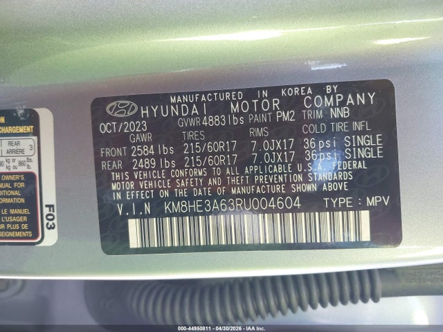 44950811 :رقم المزاد ، KM8HE3A63RU004604 vin ، 2024 Hyundai Kona Electric Limited مزاد بيع