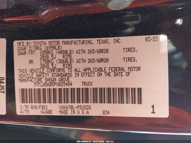 44950818 :رقم المزاد ، 5TFLA5AB5PX025484 vin ، 2023 Toyota Tundra Sr5 مزاد بيع