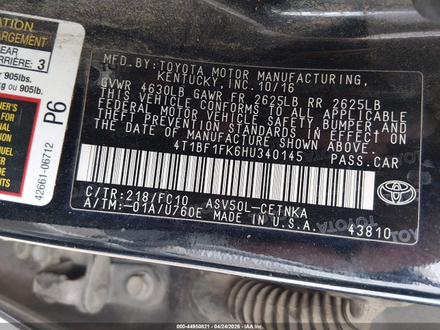 44950821 :رقم المزاد ، 4T1BF1FK6HU340145 vin ، 2017 Toyota Camry Le مزاد بيع