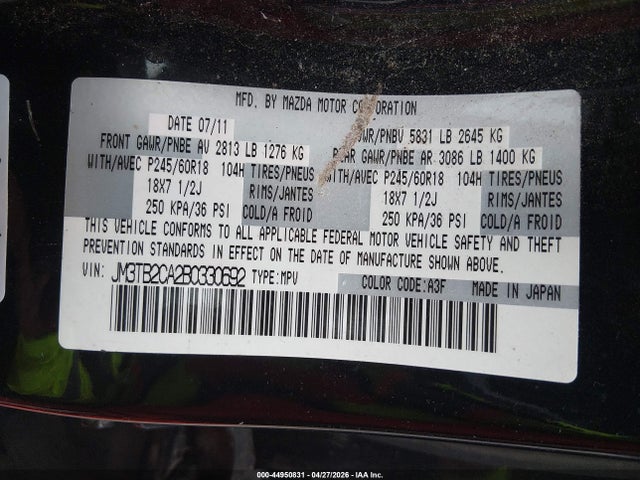 Aukcja sprzedaży 2011 Mazda Cx-9 Touring, vin: JM3TB2CA2B0330692, numer aukcji: 44950831
