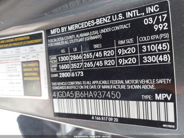 Aukcja sprzedaży 2017 Mercedes-benz Gle 350, vin: 4JGDA5JB6HA937450, numer aukcji: 44950836