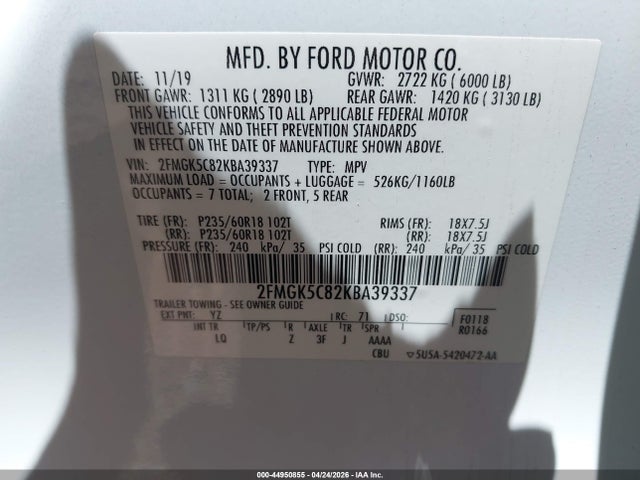 Продажа на аукционе авто 2019 Ford Flex Sel, vin: 2FMGK5C82KBA39337, номер лота: 44950855