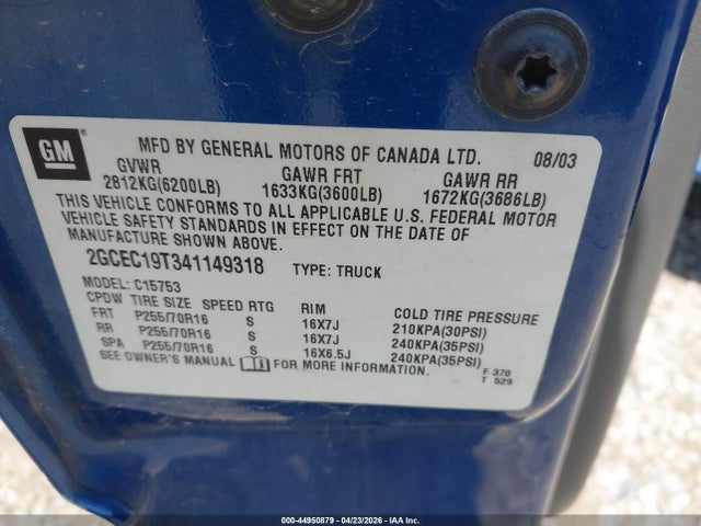 2004 Chevrolet Silverado 1500 Ls მანქანა იყიდება აუქციონზე, vin: 2GCEC19T341149318, აუქციონის ნომერი: 44950879