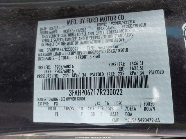 44950880 :رقم المزاد ، 3FAHP06Z17R230022 vin ، 2007 Ford Fusion S مزاد بيع