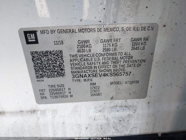 Продаж на аукціоні авто 2019 Chevrolet Equinox Ls, vin: 3GNAXSEV4KS565757, номер лоту: 44950899