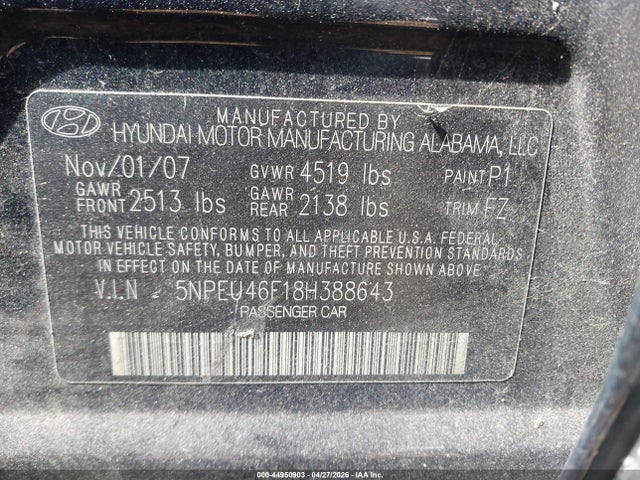 Aukcja sprzedaży 2008 Hyundai Sonata Limited V6/se V6, vin: 5NPEU46F18H388643, numer aukcji: 44950903