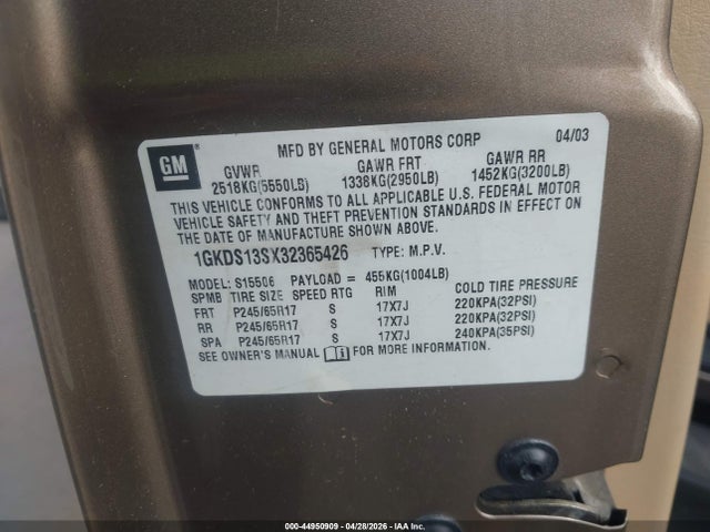 Продажа на аукционе авто 2003 Gmc Envoy Sle, vin: 1GKDS13SX32365426, номер лота: 44950909