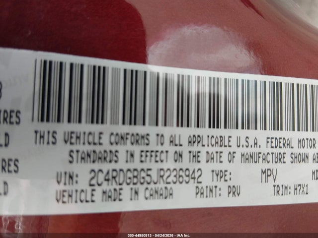 2018 Dodge Grand Caravan Se მანქანა იყიდება აუქციონზე, vin: 2C4RDGBG5JR236942, აუქციონის ნომერი: 44950913