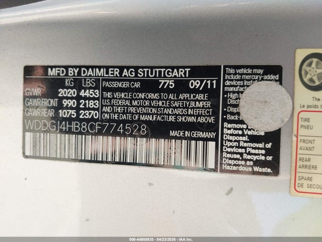 Aukcja sprzedaży 2012 Mercedes-benz C 250, vin: WDDGJ4HB8CF774528, numer aukcji: 44950920