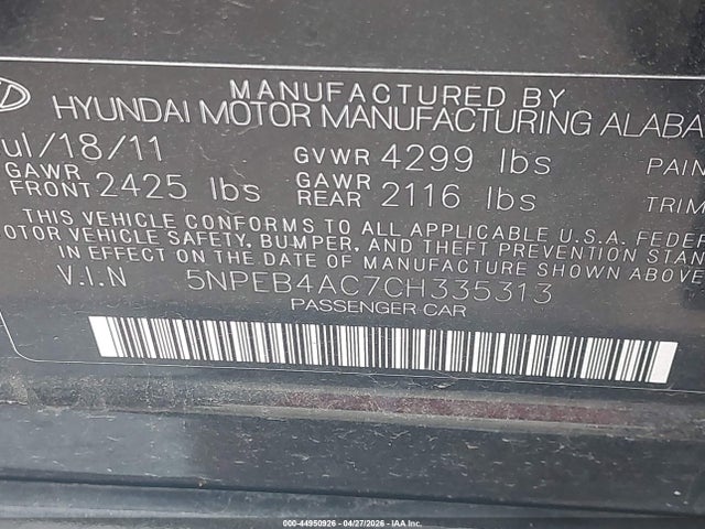 Aukcja sprzedaży 2012 Hyundai Sonata Gls, vin: 5NPEB4AC7CH335313, numer aukcji: 44950926