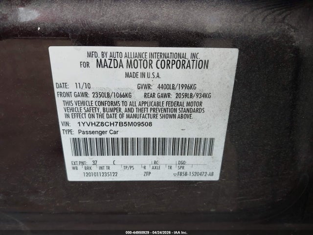 44950929 :رقم المزاد ، 1YVHZ8CH7B5M09508 vin ، 2011 Mazda Mazda6 I Touring Plus مزاد بيع