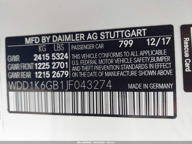 Aukcja sprzedaży 2018 Mercedes-benz E 400 4matic, vin: WDD1K6GB1JF043274, numer aukcji: 44950944
