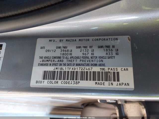 44950949 :رقم المزاد ، JM1BL1TFXD1722467 vin ، 2013 Mazda Mazda3 I Sv مزاد بيع