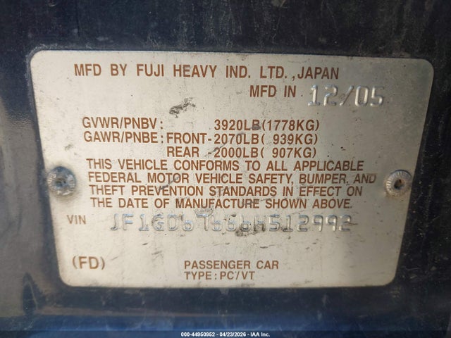 2006 Subaru Impreza 2.5i მანქანა იყიდება აუქციონზე, vin: JF1GD67666H512992, აუქციონის ნომერი: 44950952