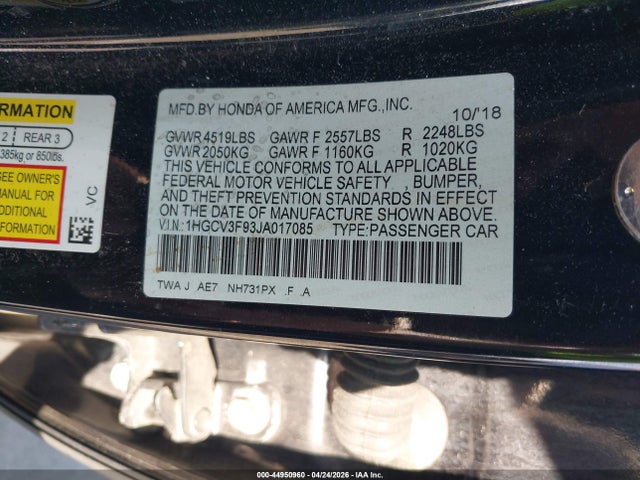 Aukcja sprzedaży 2018 Honda Accord Hybrid Touring, vin: 1HGCV3F93JA017085, numer aukcji: 44950960