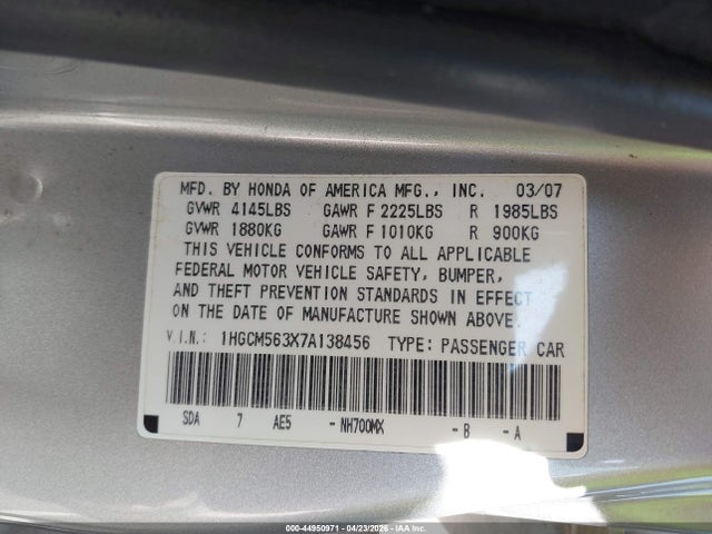 2007 Honda Accord 2.4 Se მანქანა იყიდება აუქციონზე, vin: 1HGCM563X7A138456, აუქციონის ნომერი: 44950971