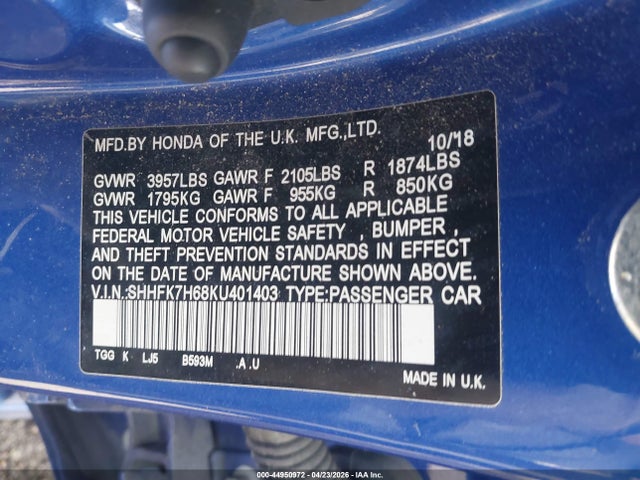 44950972 :رقم المزاد ، SHHFK7H68KU401403 vin ، 2019 Honda Civic Ex مزاد بيع
