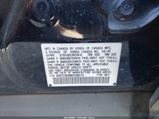 44950987 :رقم المزاد ، 2HNYD18296H536074 vin ، 2006 Acura Mdx مزاد بيع