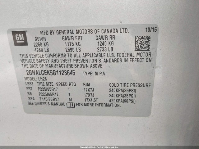 Chevrolet EQUINOX LT 2016 2GNALCEK5G1123645 Image 9