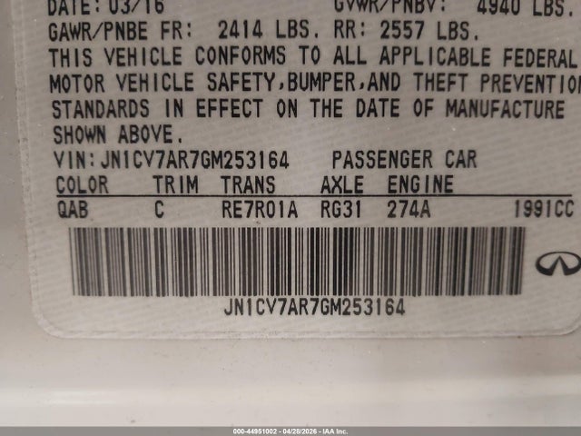 2016 Infiniti Q50 2.0t Premium მანქანა იყიდება აუქციონზე, vin: JN1CV7AR7GM253164, აუქციონის ნომერი: 44951002
