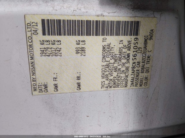 44951013 :رقم المزاد ، 1N4AL2AP8CN561059 vin ، 2012 Nissan Altima 2.5 S مزاد بيع