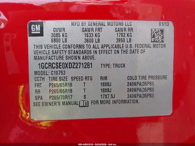 2013 Chevrolet Silverado 1500 Lt მანქანა იყიდება აუქციონზე, vin: 1GCRCSE0XDZ271281, აუქციონის ნომერი: 44951019