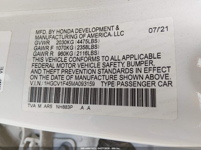 Aukcja sprzedaży 2021 Honda Accord Sport Special Edition, vin: 1HGCV1F45MA093159, numer aukcji: 44951023