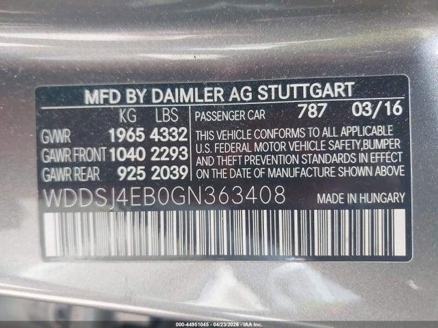 44951045 :رقم المزاد ، WDDSJ4EB0GN363408 vin ، 2016 Mercedes-benz Cla 250 مزاد بيع