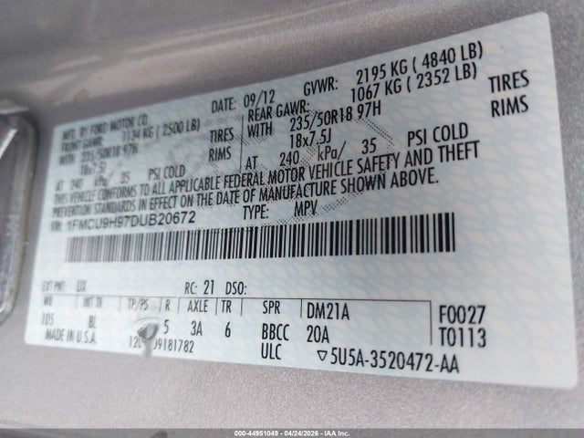 Продажа на аукционе авто 2013 Ford Escape Sel, vin: 1FMCU9H97DUB20672, номер лота: 44951049