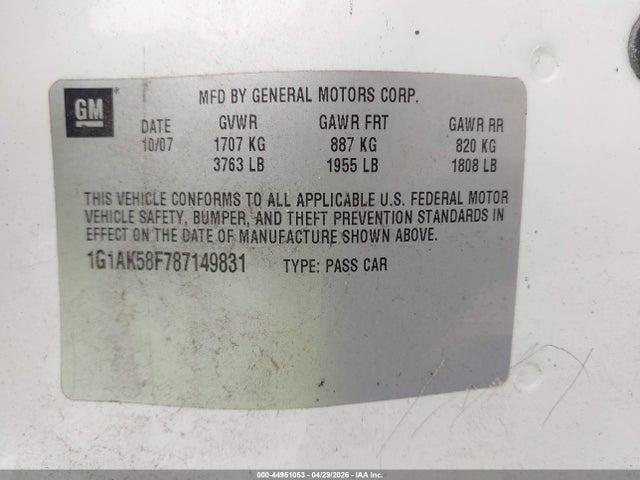 44951053 :رقم المزاد ، 1G1AK58F787149831 vin ، 2008 Chevrolet Cobalt Ls مزاد بيع