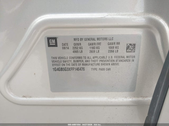 2015 Buick Lacrosse Leather მანქანა იყიდება აუქციონზე, vin: 1G4GB5G3XFF146476, აუქციონის ნომერი: 44951054