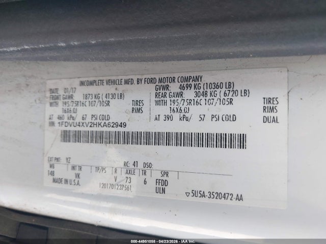 Продаж на аукціоні авто 2017 Ford Transit-350 Xl, vin: 1FDVU4XV2HKA62949, номер лоту: 44951058
