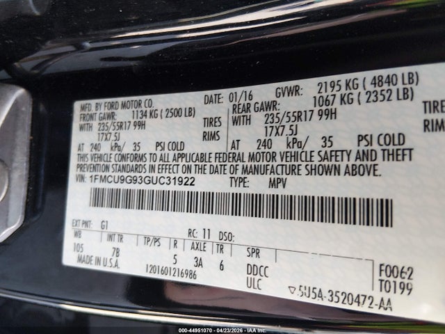 Aukcja sprzedaży 2016 Ford Escape Se, vin: 1FMCU9G93GUC31922, numer aukcji: 44951070