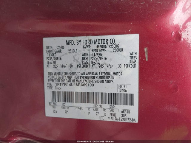 2006 Ford Ranger Sport/stx/xl/xlt მანქანა იყიდება აუქციონზე, vin: 1FTYR14U16PA69100, აუქციონის ნომერი: 44951073
