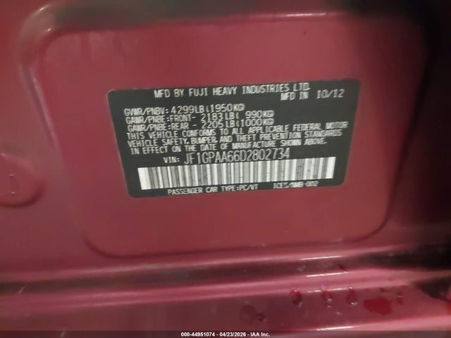 Aukcja sprzedaży 2013 Subaru Impreza Wagon 2.0i, vin: JF1GPAA66D2802734, numer aukcji: 44951074
