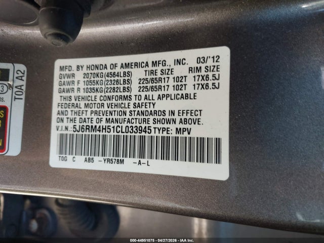 44951075 :رقم المزاد ، 5J6RM4H51CL033945 vin ، 2012 Honda Cr-v Ex مزاد بيع