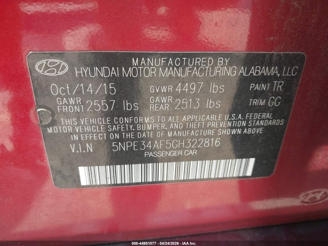 Aukcja sprzedaży 2016 Hyundai Sonata Sport, vin: 5NPE34AF5GH322816, numer aukcji: 44951077