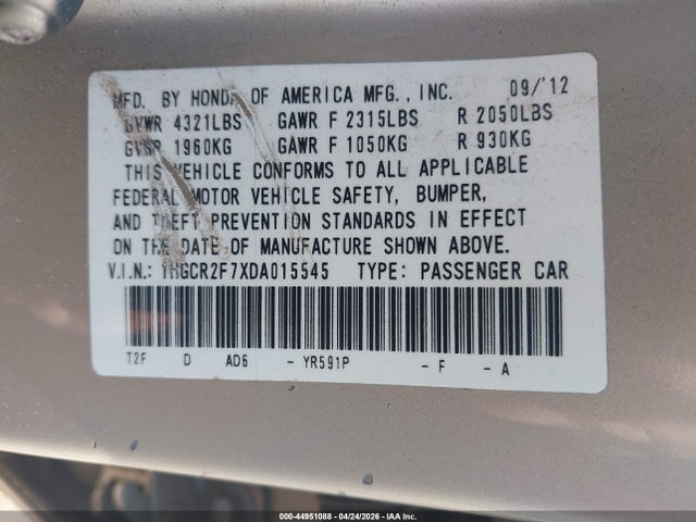 Продажа на аукционе авто 2013 Honda Accord Ex, vin: 1HGCR2F7XDA015545, номер лота: 44951088