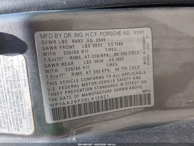 Продаж на аукціоні авто 2008 Porsche Cayenne, vin: WP1AA29P28LA12821, номер лоту: 44951087