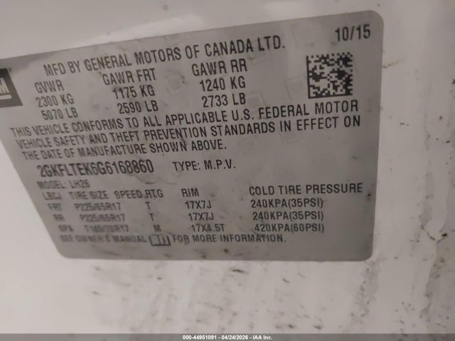Aukcja sprzedaży 2016 Gmc Terrain Sle-2, vin: 2GKFLTEK6G6168860, numer aukcji: 44951091