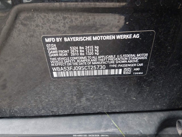 2025 Bmw 530i Xdrive მანქანა იყიდება აუქციონზე, vin: WBA53FJ09SCT25730, აუქციონის ნომერი: 44951100