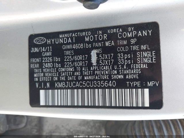 2012 Hyundai Tucson Gls მანქანა იყიდება აუქციონზე, vin: KM8JUCAC5CU335640, აუქციონის ნომერი: 44951110